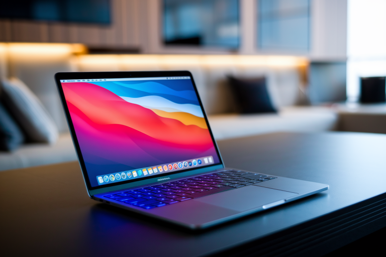 macbook-bureau-bois-ecran-flou