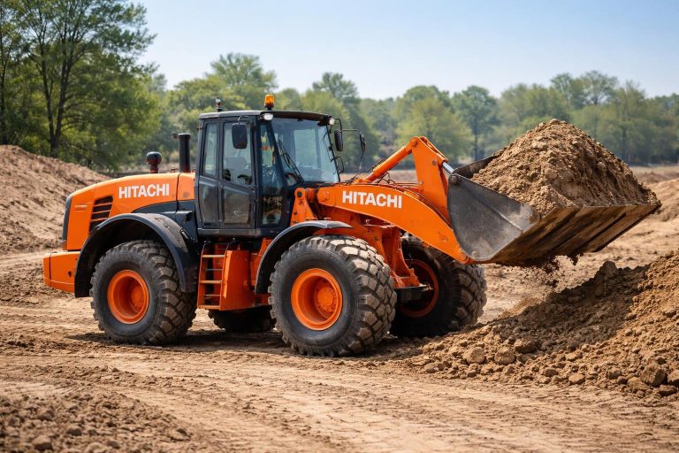 chargeuse-hitachi-orange-chantier-terrain