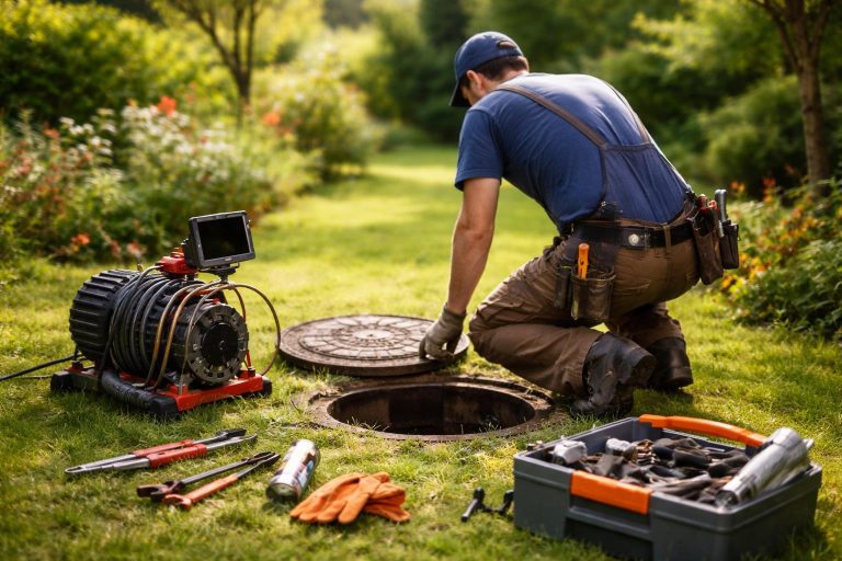 plombier-inspection-egout-jardin-outils